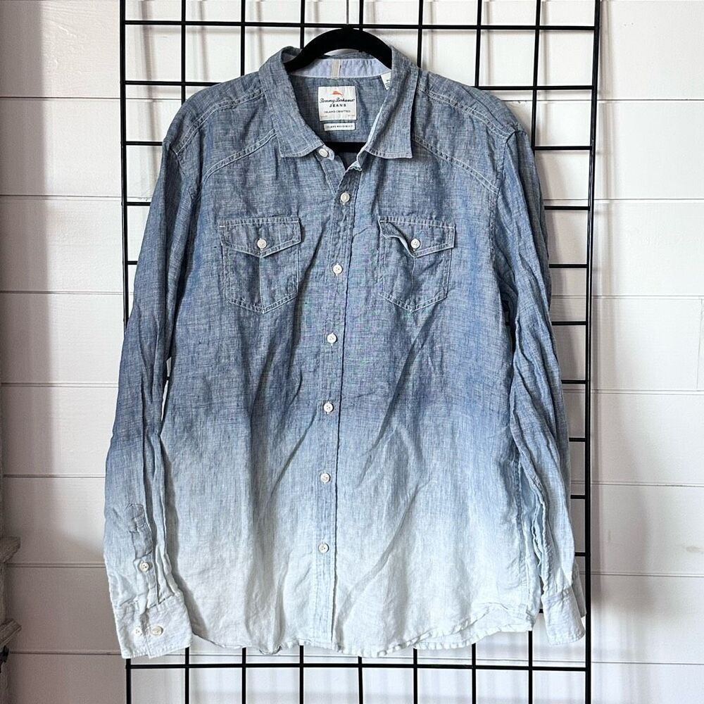 Tommy Bahama Island Modern Fit Linen Shirt‎ Mens XL Blue Ombré TD36910